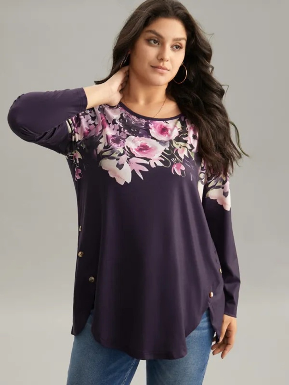 BloomChic Purple Floral Yoke Long-Sleeve Tunic